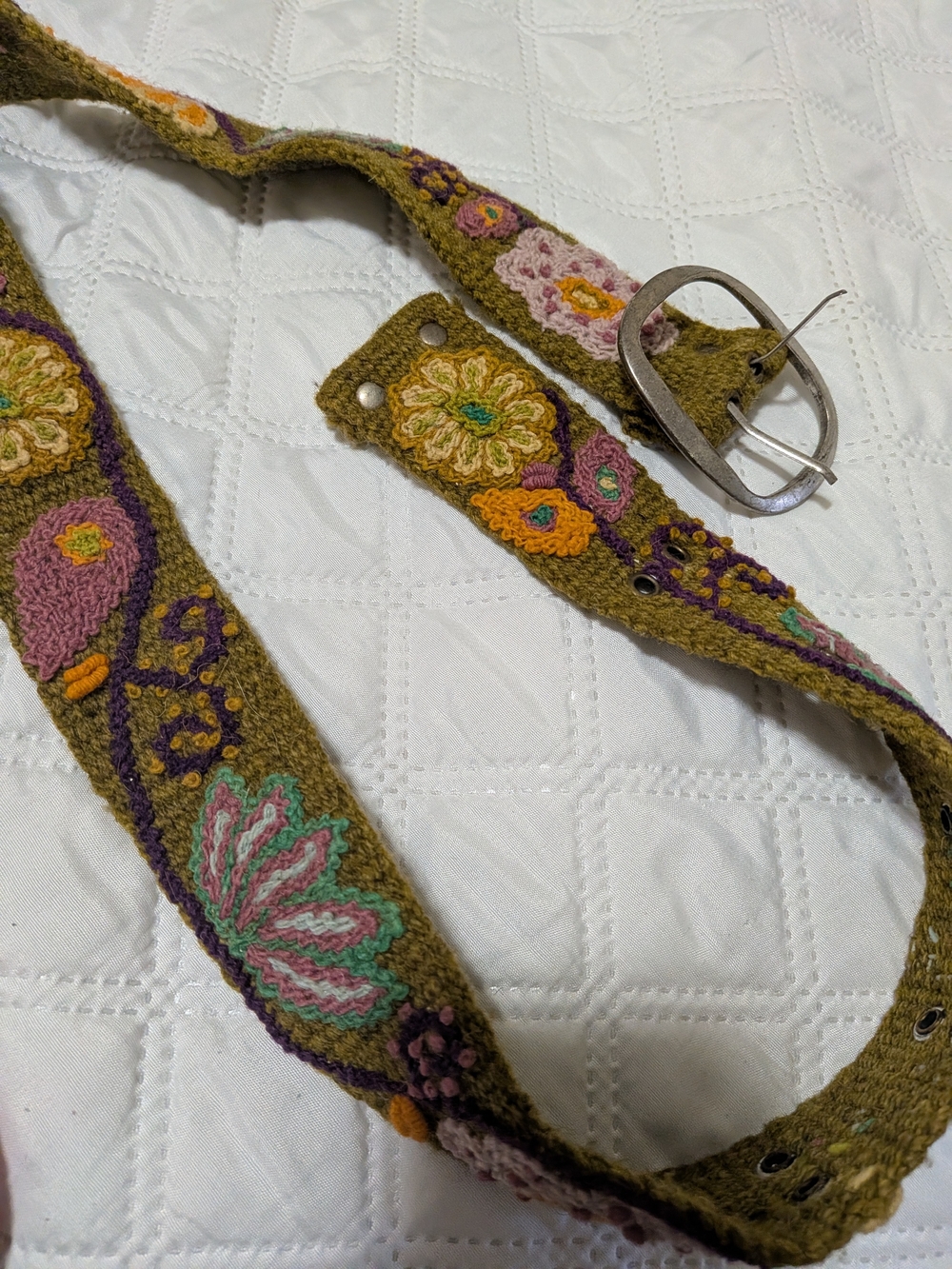 Olive Green Embroidered Floral Women's Belt with Metal Buckle